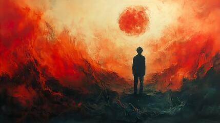 Obraz premium Silhouette of a Man in a Red Sky - Digital Painting