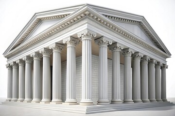 Building with columns on a white background, emphasizing depth of field