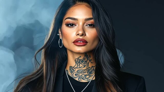 A trendy Hispanic female model with long, flowing hair, wearing a plain black t-shirt and a sleek black blazer, her tattoos and silver jewelry subtly glinting