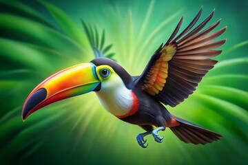 Fototapeta premium Colorful Toucan Bird Flying in 3D Animation - Realistic Side View on Green Screen Background