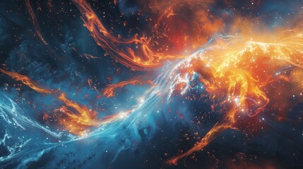 A fusion of fiery oranges and cool blues depicts the balance between color charge and anticharge in quarks.