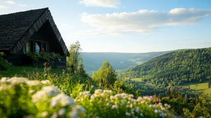 A serene landscape with a rustic house surrounded by lush greenery and blooming flowers, under a bright blue sky.