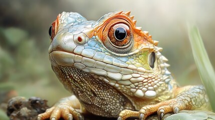 Fototapeta premium Close-Up Portrait of a Colorful Lizard with Striking Eyes