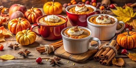 Gourmet Pumpkin Spice Dessert Cups Decorated with Whipped Cream and Cinnamon Sticks on Rustic Wooden Background