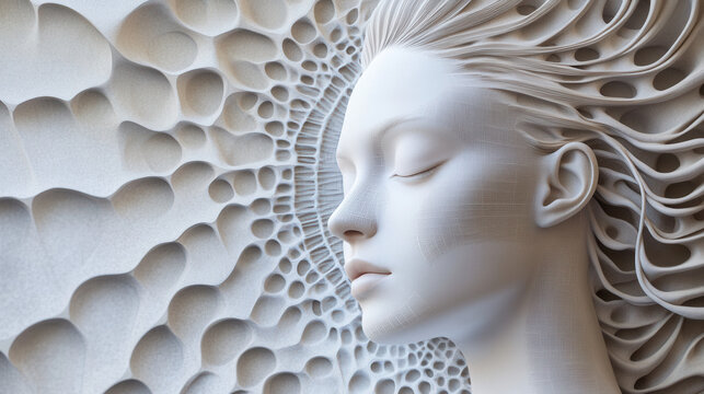 Fototapeta A serene sculptural relief of a female face with intricate patterns, blending elegance and artistry against a textured background.