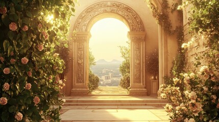 Fototapeta premium Archway adorned with carvings and vines leading to a gymnasium bathed in soft sunlight