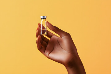 An elegant female hand holding a medical vial against a plain background