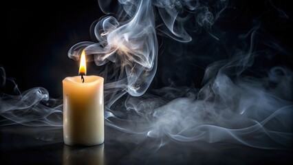 Burning candle with smokey flame on dark background