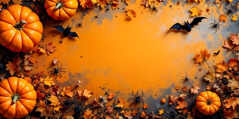 This vibrant orange Halloween banner features bats, spiders, and carved pumpkins, making it perfect for October Halloween events and greetings.