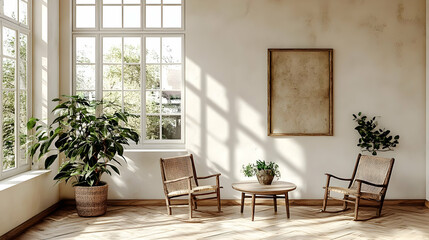 Fototapeta premium Cozy Room Design with Wicker Chairs and Plants