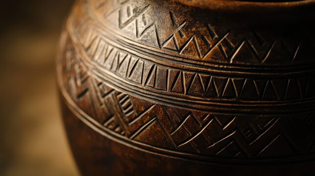 Greek vase with fine geometric engravings softly spotlighted against plain backdrop