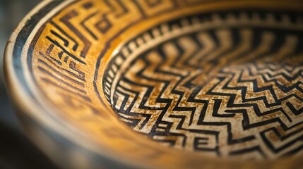 Close-up of a Greek plate with intricate geometric patterns softly focused background