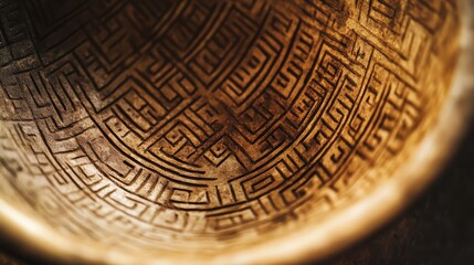 Fototapeta premium Incised geometric designs on the base of a Greek pot illuminated by soft lighting