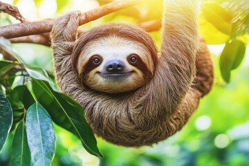 Fototapeta premium Friendly Sloth Hanging in Lush Greenery