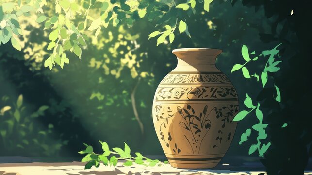 Greek amphora with geometric motifs natural light filtering through trees
