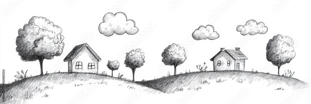 Poster whimsical sketches depict cheerful clouds, simple trees, and quaint houses on a rolling landscape, s
