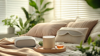 Fototapeta premium A comfortable bedroom scene with sleep aids like an eye mask, white noise machine, and calming tea, creating the perfect setup for restful sleep