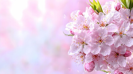 Fototapeta premium A close-up of beautiful pink cherry blossom flowers covered in dewdrops, set against a soft, pastel-colored background. Capturing the essence of spring and nature's delicate beauty.