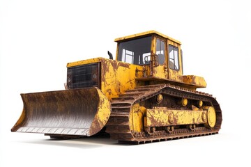 A rusty bulldozer stands proud. Its yellow color shows the wear of time. This image captures industrial strength and purpose. Perfect for construction themes. Generative AI
