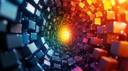 Fototapeta premium A vibrant tunnel formed by swirling cubes draws the viewer into a captivating abstract representation of depth and color dynamics in digital art.