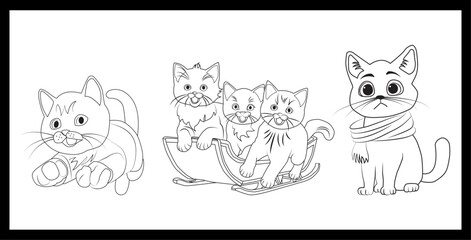 five cute little cats, three of them are playing on the train