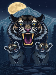 Vector design of a tiger protecting two cubs, exuding strength and love 