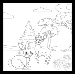 rabbit and little deer enjoying the sunny weather in the forest
