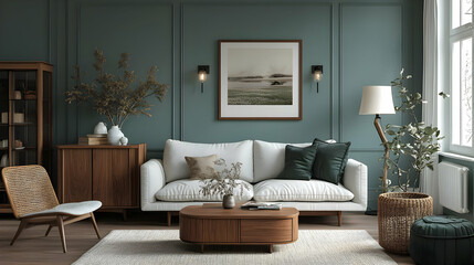 Modern Living Room Design with Green Walls and Wooden Accents