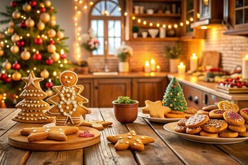 Obraz premium Cozy Christmas Kitchen with Gingerbread Cookies and Festive Decor