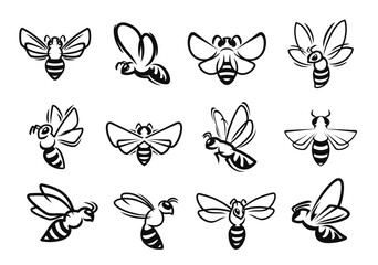 Bee, bumblebee or wasp hornet insect icons, vector symbols of honeybee in line art. Flying bees or bumblebee and insect bugs with wings and stings in cartoon doodle line for honeybee characters
