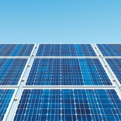 A grid of vibrant blue solar panels against a clear sky, representing renewable energy and sustainable technology.