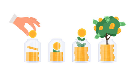 Investment money. Hand putting gold coin in glass jar. Saving money. Profit on deposit in bank and dividend for invest. Vector illustration set isolated.