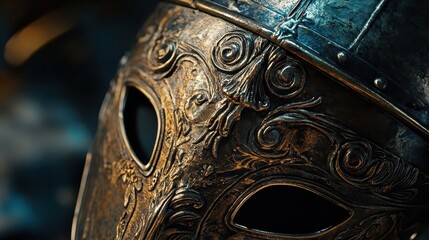 Fototapeta premium Close-up of Greek helmet's front intricate decorations and rich texture highlighted by light