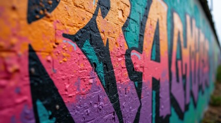 Obraz premium A close-up of a graffiti wall bursting with vivid colors such as bright orange, deep purple, and radiant blues.