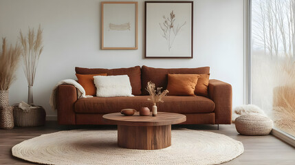 Cozy Living Room Decor with Brown Sofa & Wooden Coffee Table