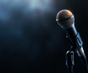 A close-up shot of a microphone, illuminated against a dark background, capturing the essence of...