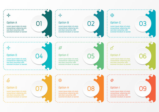 9 options business infographic template, theme of rectangle frame with half gear shape with number and symbols