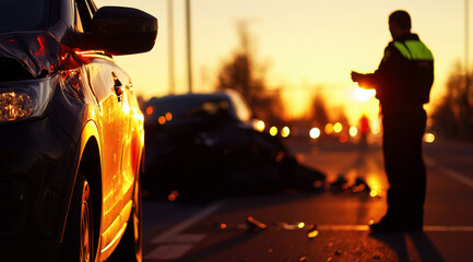 A police officer investigates a car accident during a stunning sunset, highlighting the contrast between beauty and tragedy on the road. Safety and caution become paramount.