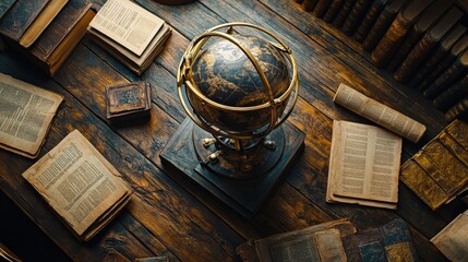 Armillary sphere on wood detailed celestial rings and scrolls illuminated by warm even light