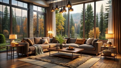 Fototapeta premium Cozy Living Room with Woodland View - Captivating Interior Design and Nature Harmony for Stunning Product Photography