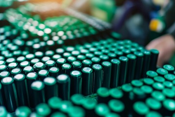 A close-up view of numerous green bottle caps arranged tightly, reflecting light, likely from a beverage production facility.