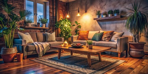 Fototapeta premium Cozy Living Room with Wooden Table and Potted Plant - Natural Light and High Dynamic Range Elements