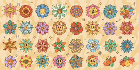 Cartoon retro groovy flowers with cute smiles and psychedelic patterns. Vector flowers characters and hippie floral emojis of summer daisy, zinnia and chamomile blossoms with funky geometric ornaments