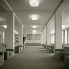 Obraz premium corridor in a hotel. corridor with columns and windows. interior of modern luxury vintage hall room with sofa chair with white wall. luxury hotel room lobby interior.