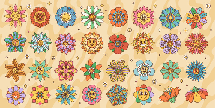 Cartoon retro groovy flowers with cute smiles and psychedelic patterns. Vector flowers characters and hippie floral emojis of summer daisy, zinnia and chamomile blossoms with funky geometric ornaments