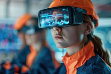 Engineer using augmented reality headset for visualizing data in an industrial setting, showcasing future technology in manufacturing.