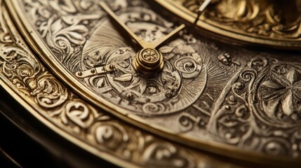 Fototapeta premium Close-up of Greek astrolabe’s arm delicate engravings and measurements captured in bright light