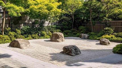Fototapeta premium A tranquil Zen garden featuring raked gravel and smooth stones, embodying mindfulness and peaceful tranquility