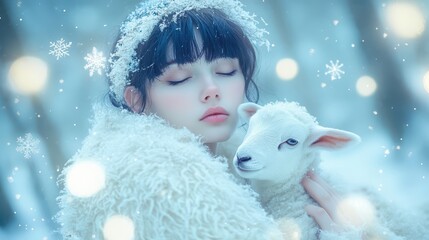 Young woman with dark hair holds a white lamb in a snowy forest, surrounded by delicate snowflakes. Concept of winter wonder, tranquility, and nature's beauty.