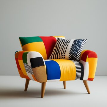 A colorful, patterned armchair with a mix of vibrant fabrics and wooden legs, perfect for modern and eclectic interior design.